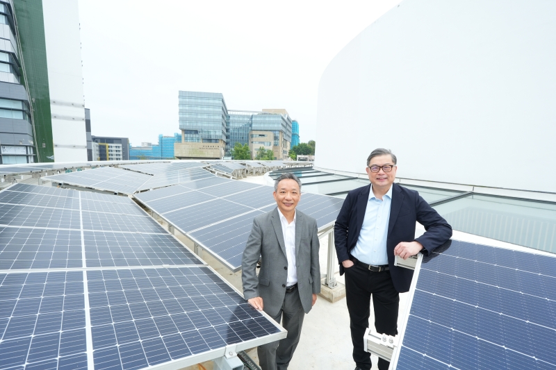 A group photo of Prof. TAM Kar-Yan (right), Vice-President for Administration and Business, and Dr. Kenneth LEUNG (left), Director of Sustainability/Net-Zero, showing the sizeable solar panel systems installed on the rooftop of Shaw Auditorium, which has doubled the capacity of Hong Kong’s highest green building certification requirements. This illustrates a key component of the Action Plan - stringent design and operational guidelines for new and renovated buildings.
