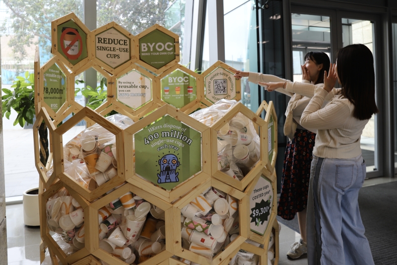 The display helped spark conversations about the environmental and monetary costs of single-use cups.